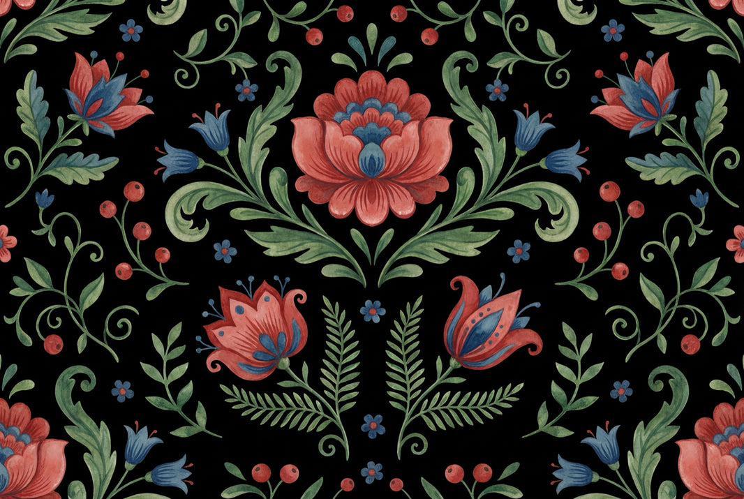 Dark Black Background Wallpaper Folk Floral Symmetrical Damask Wall Mural pattern artwork