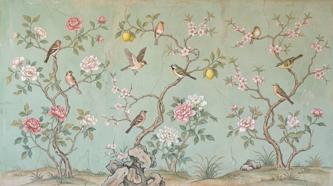 Vintage Floral Mural Wallpaper Sage Green Background Birds On Branches Removable Wall Decor pattern artwork