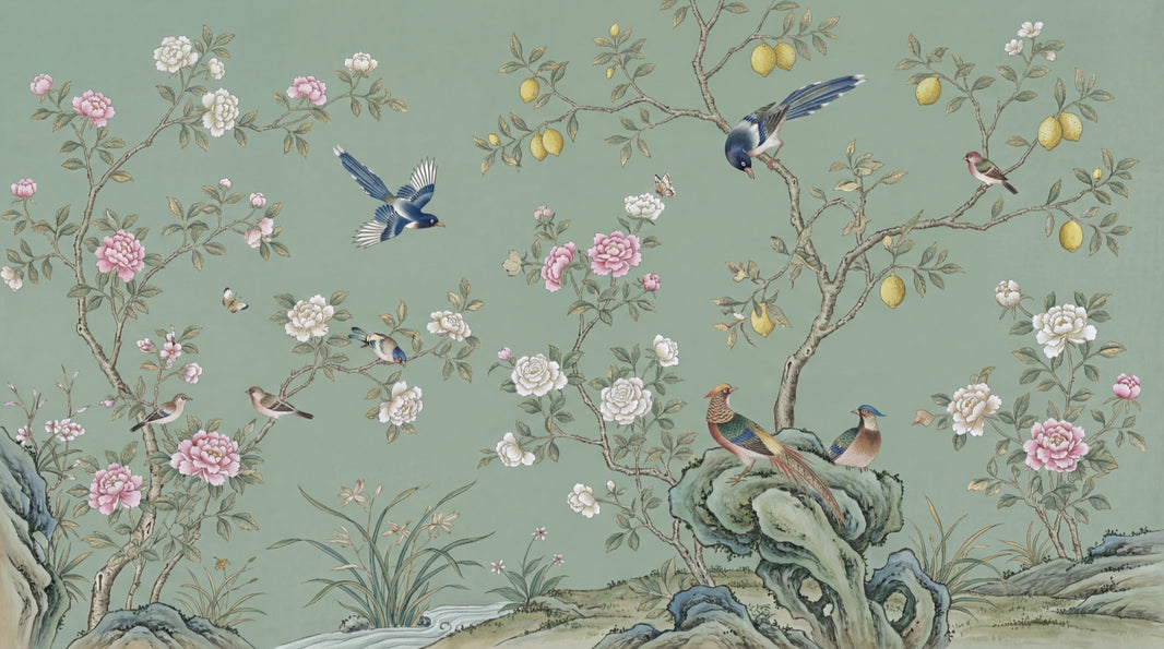 Chinoiserie Style Wallpaper Sage Green Background Birds In Flight Wall Mural pattern artwork