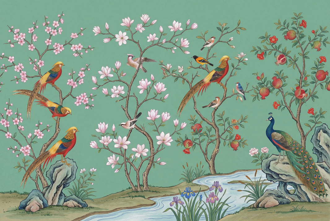 Pink Cherry Wallpaper Muted Green Chinoiserie Wall Mural pattern artwork
