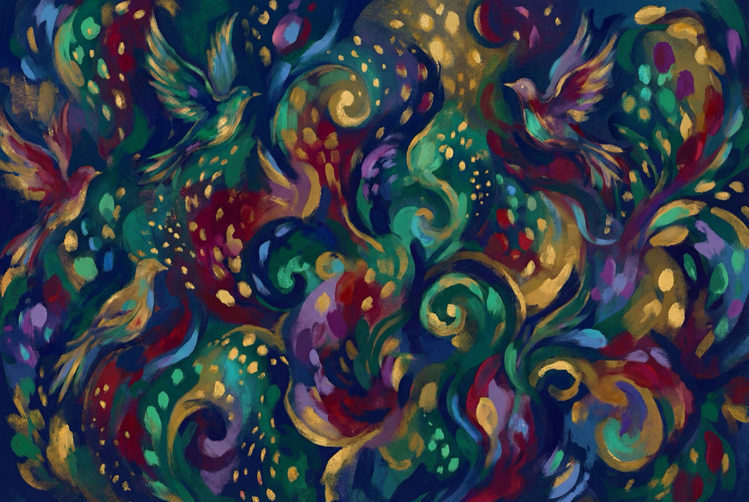 Abstract Botanical Wallpaper Stylized Birds Removable Swirling Vines Wall Decor pattern artwork