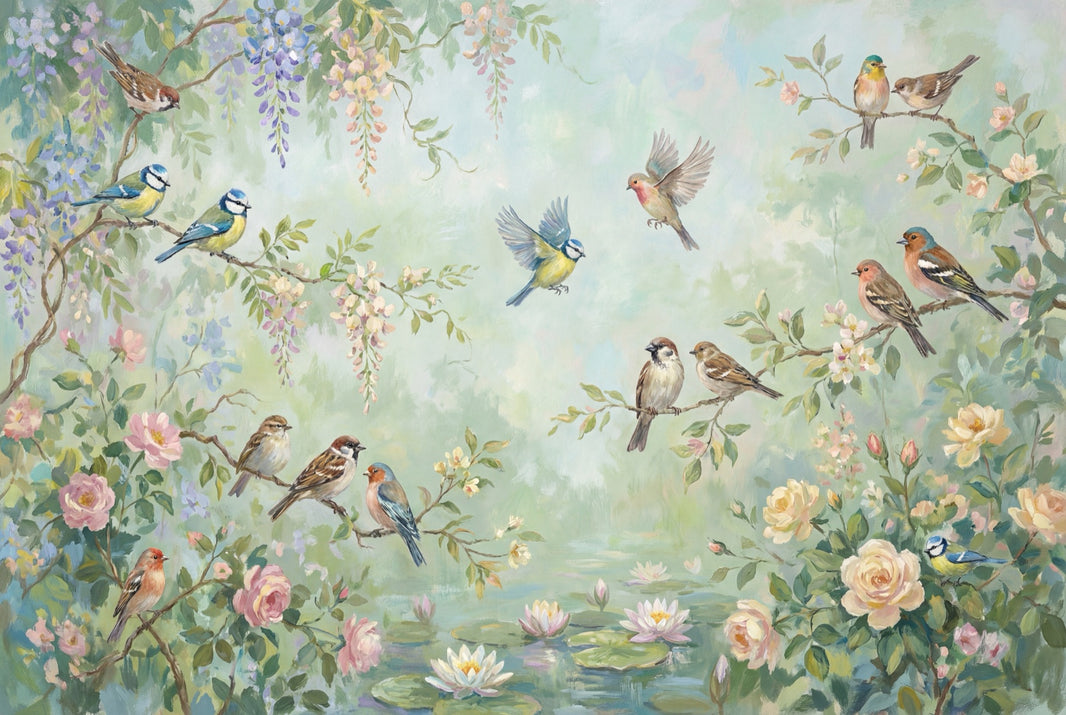Wisteria Wallpaper Birds Removable Floral Garden Wall Decor pattern artwork