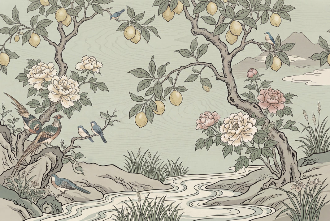 Muted Green Wallpaper Botanical Chinoiserie Removable Wall Decor pattern artwork