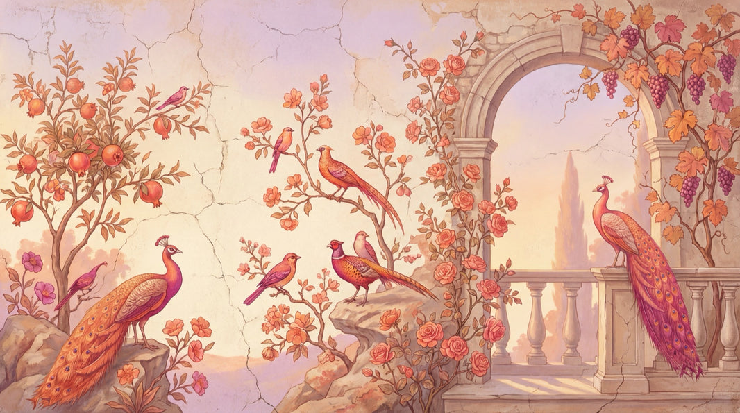 Vintage Fresco Wallpaper Classical Archway Removable Peacocks Wall Decor pattern artwork