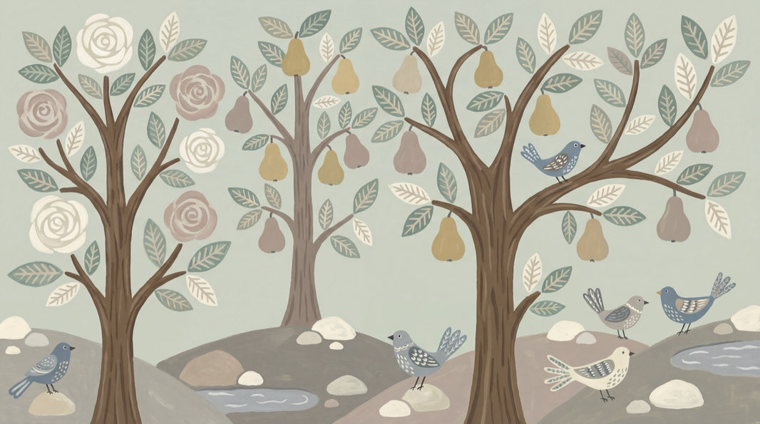 Whimsical Woodland Wallpaper Stylized Trees Hand Painted Wall Mural pattern artwork