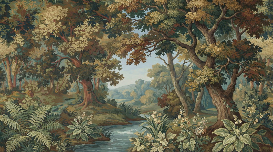 Woodland Landscape Wallpaper Forest Botanical Foliage Wall Mural pattern artwork