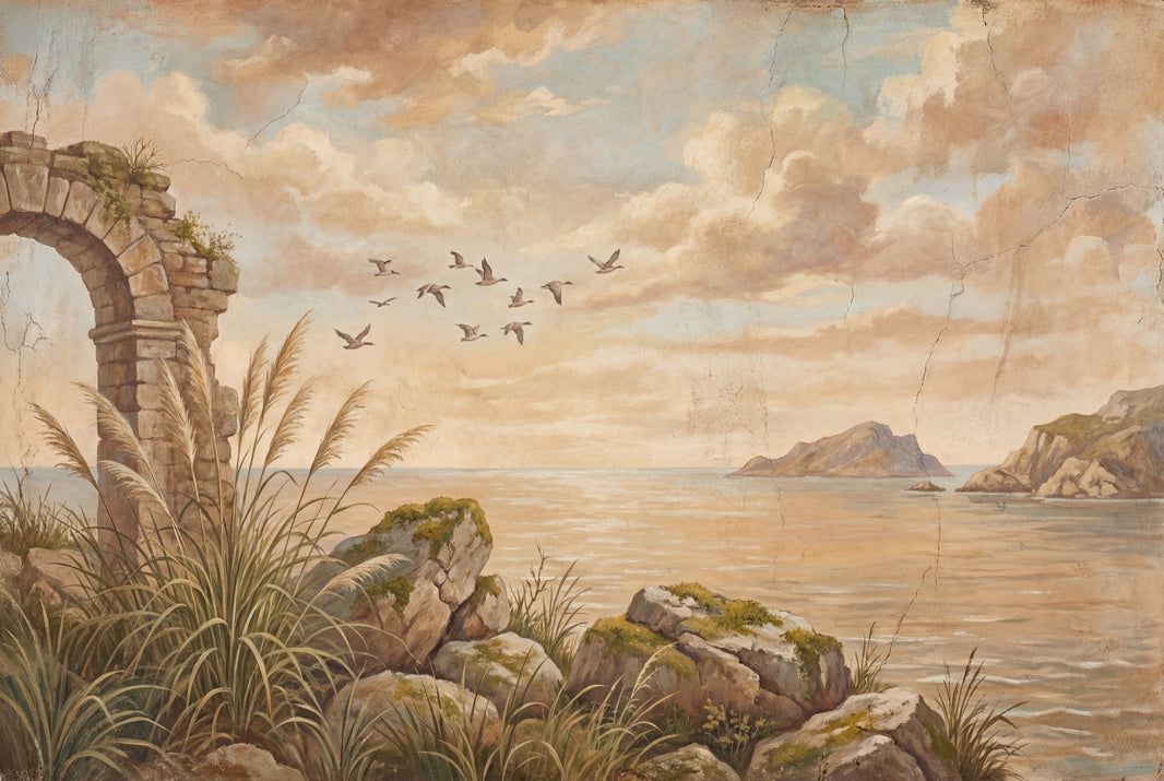Coastal Landscape Wallpaper Stone Arch Ruin Vintage Fresco Wall Mural pattern artwork