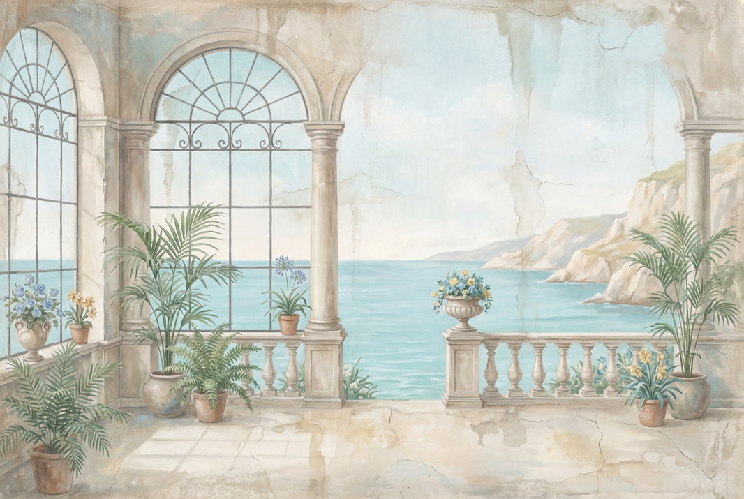 Coastal Terrace Wallpaper Mediterranean Villa Arched Columns Wall Mural pattern artwork