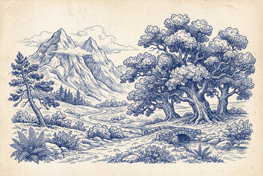Blue Toile Landscape Wallpaper Mountains Vintage Engraving Wall Mural pattern artwork
