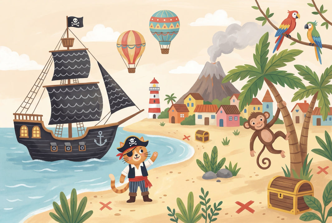 Tropical Pirate Wallpaper Beach Landscape Storybook Illustration Removable Wall Decor pattern artwork