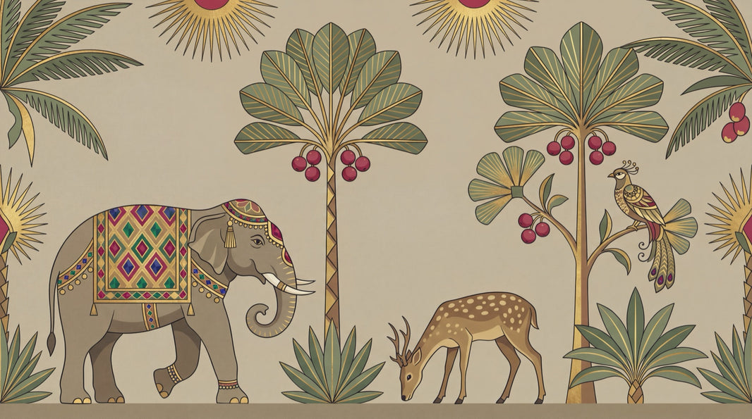 Decorative Elephant Wallpaper Beige Background Global Inspired Removable Wall Decor pattern artwork
