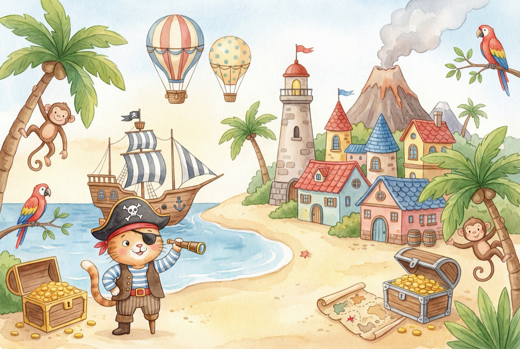 Pirate Island Wallpaper Coastal Landscape Removable Watercolor Illustration Wall Decor pattern artwork