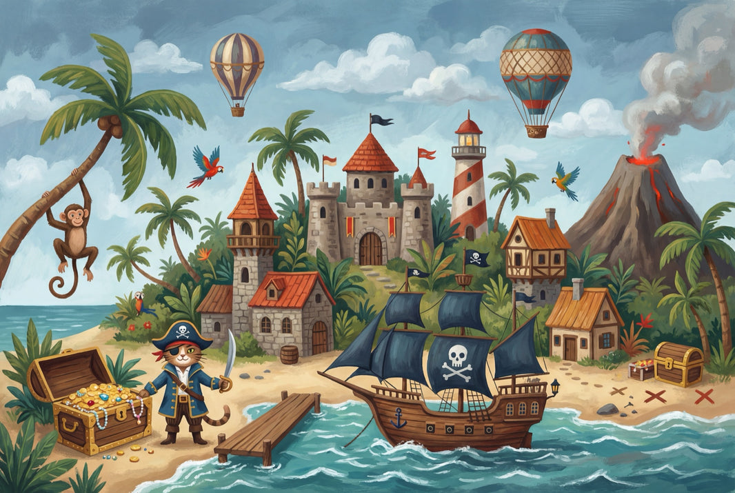 Tropical Island Wallpaper Pirate Ship Removable Treasure Chest Wall Decor pattern artwork