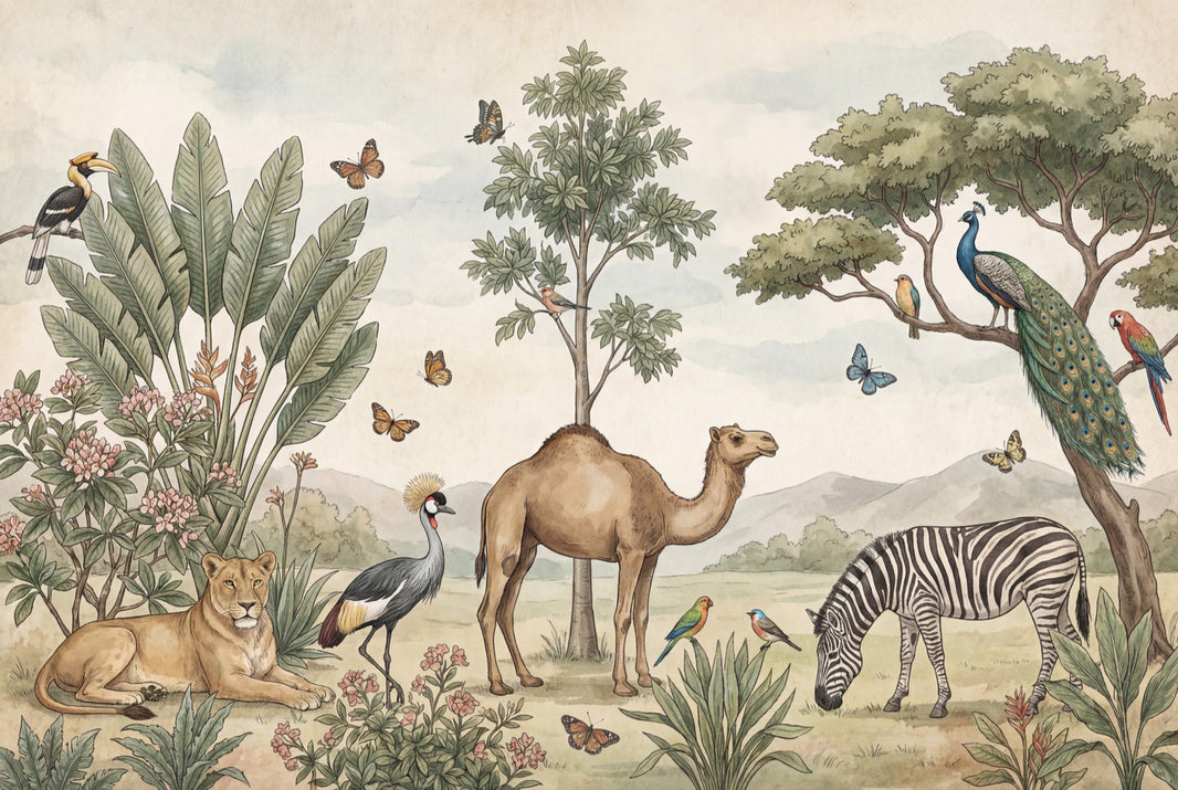 Safari Landscape Wallpaper Vintage Illustration Removable Savanna Animals Wall Decor pattern artwork