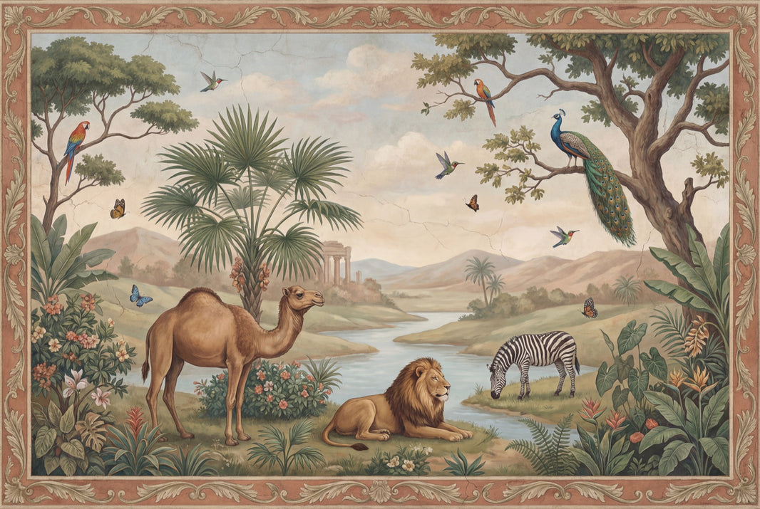 Tropical Landscape Wallpaper Safari Animals River Valley Removable Wall Decor pattern artwork