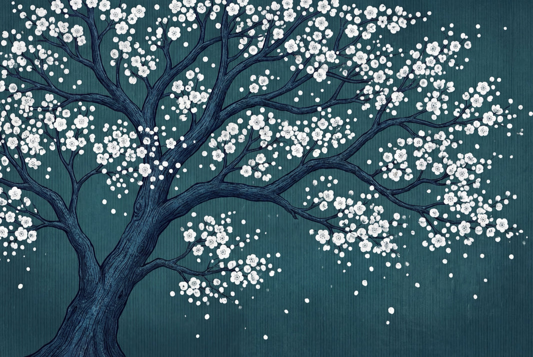 Cherry Blossom Tree Wallpaper Dark Teal Background Japanese Inspired Removable Wall Decor pattern artwork