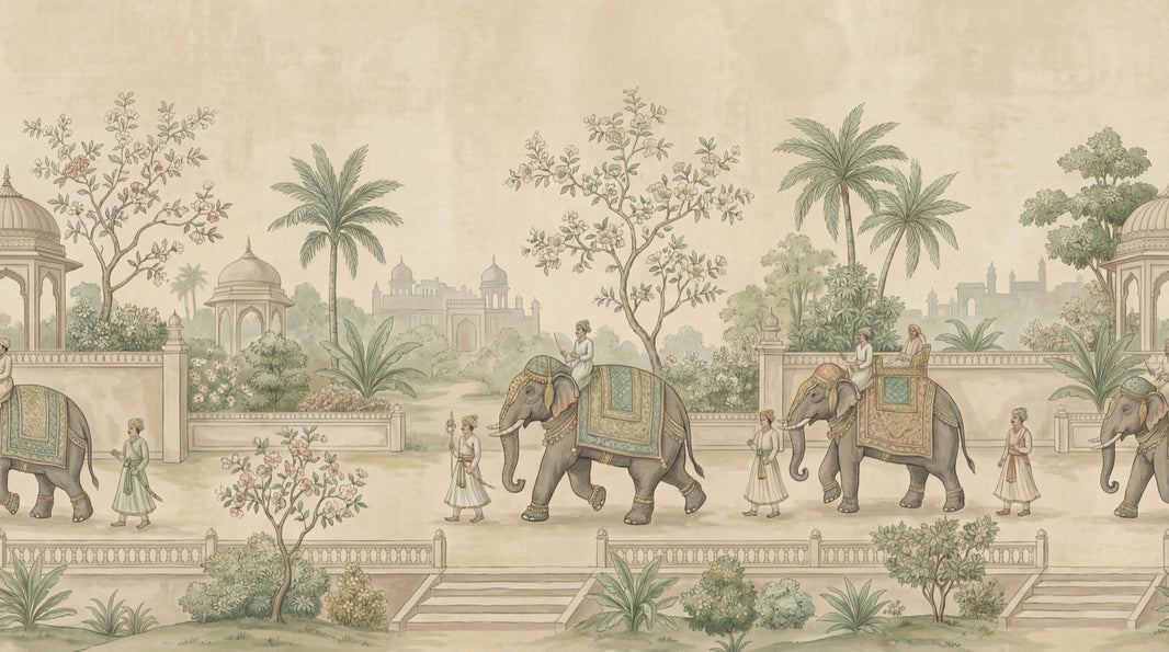 Indian Procession Wallpaper Elephants Architecture Wall Mural pattern artwork