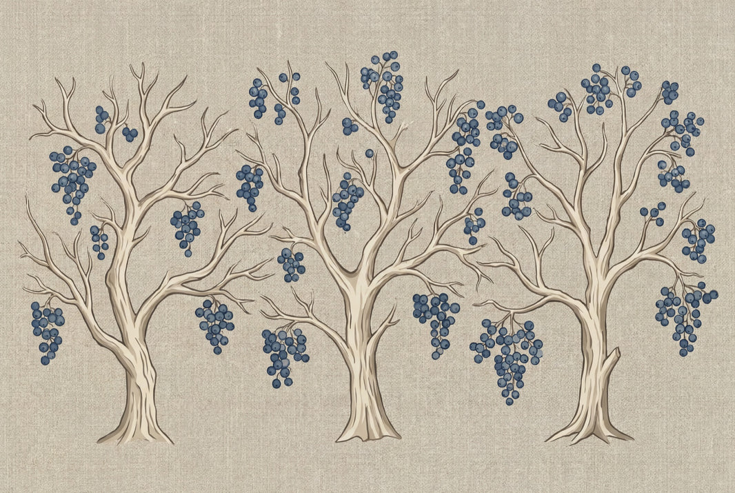 Stylized Trees Wallpaper Blue Berry Clusters Vintage Folk Art Removable Wall Decor pattern artwork