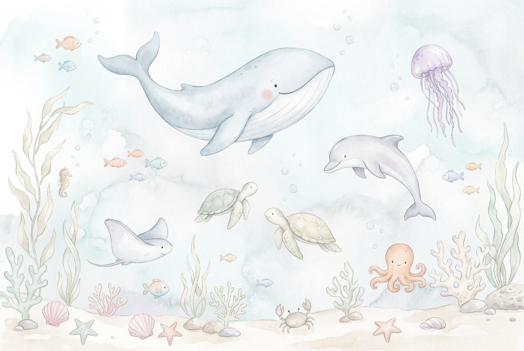 Underwater Wallpaper Ocean Animals Pastel Watercolor Wall Mural pattern artwork
