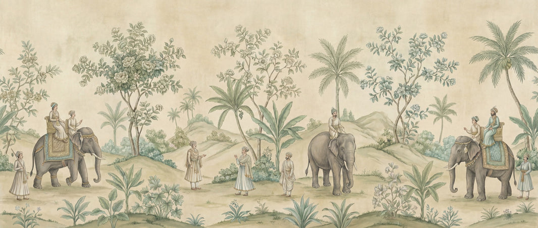 Elephants Landscape Wallpaper Vintage Exotic Wall Decor pattern artwork
