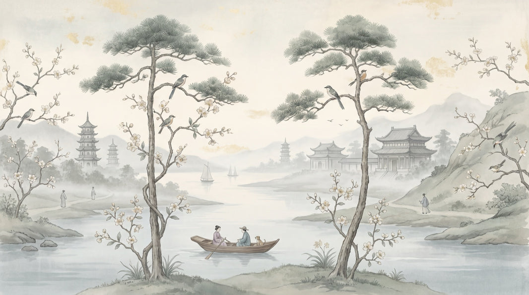 Misty Landscape Wallpaper Asian Pagoda Temple Pavilion Removable Wall Decor pattern artwork