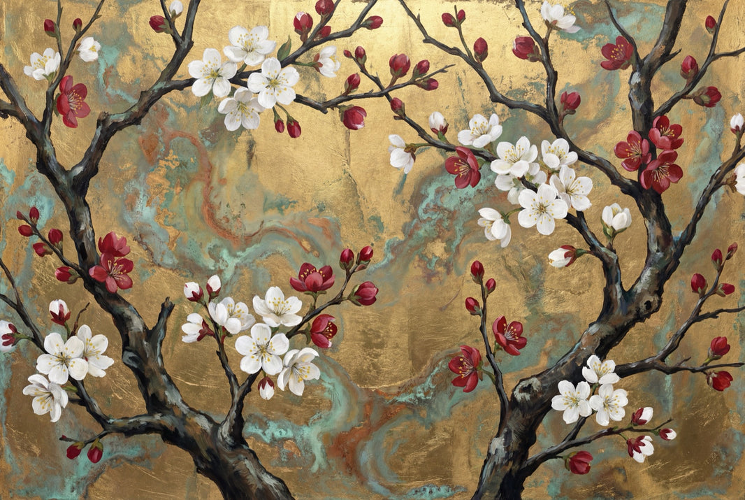 Cherry Blossom Wallpaper Floral Branches Removable Gold Background Wall Decor pattern artwork