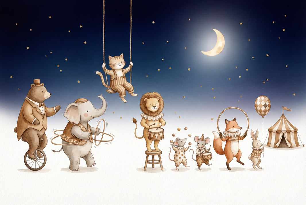 Circus Animals Wallpaper Dark Navy Night Sky Watercolor Illustration Removable Wall Decor pattern artwork