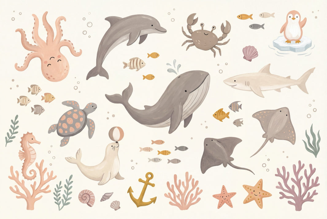 Muted Green Wallpaper Ocean Nursery Underwater Animals Wall Mural pattern artwork