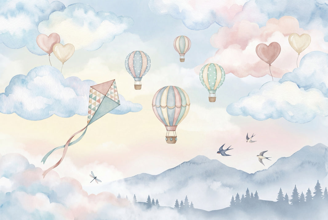 Pastel Watercolor Wallpaper Hot Air Balloons Soft Sky Wall Mural pattern artwork