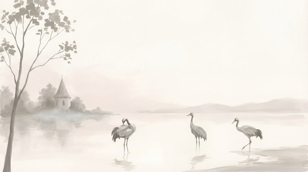 Misty Lake Wallpaper Cranes Chapel Steeple Wall Mural pattern artwork