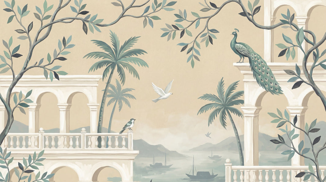 Arched Colonnade Wallpaper Mediterranean Coastal Landscape Wall Mural pattern artwork