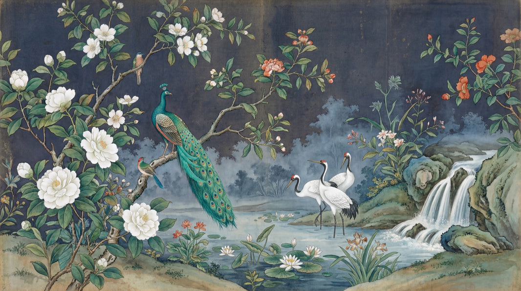 Peacock Wallpaper Cranes Waterfall Wall Mural pattern artwork