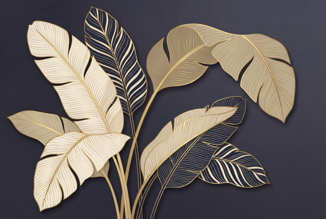 Botanical Mural Wallpaper Dark Navy Background Removable Tropical Leaves Wall Decor pattern artwork