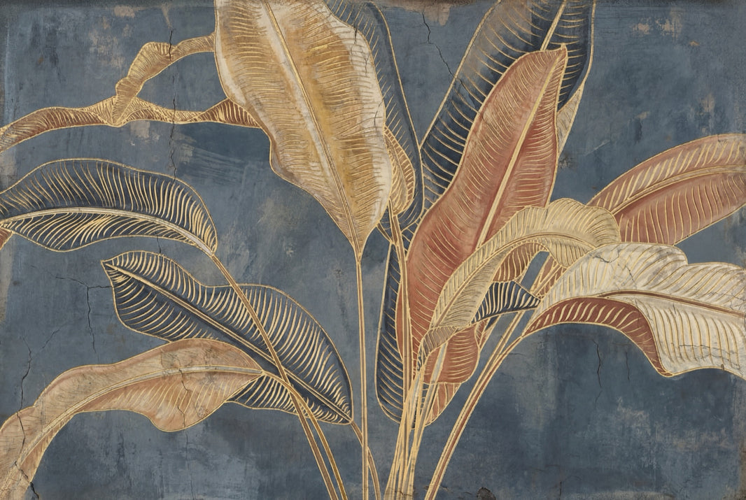Tropical Leaves Wallpaper Botanical Navy Background Wall Mural pattern artwork