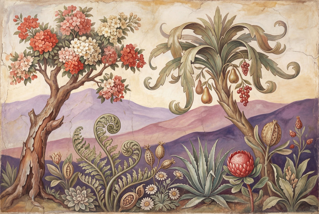 Botanical Landscape Wallpaper Vintage Fresco Removable Mediterranean Inspired Wall Decor pattern artwork
