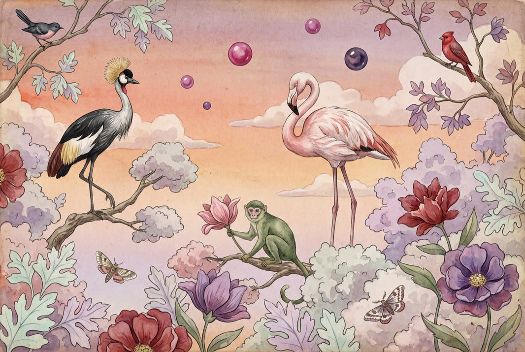 Surreal Garden Wallpaper Flamingo Watercolor Illustration Wall Mural pattern artwork