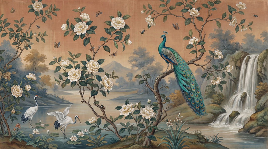 Peacock Wallpaper Floral Waterfall Removable Wall Decor pattern artwork