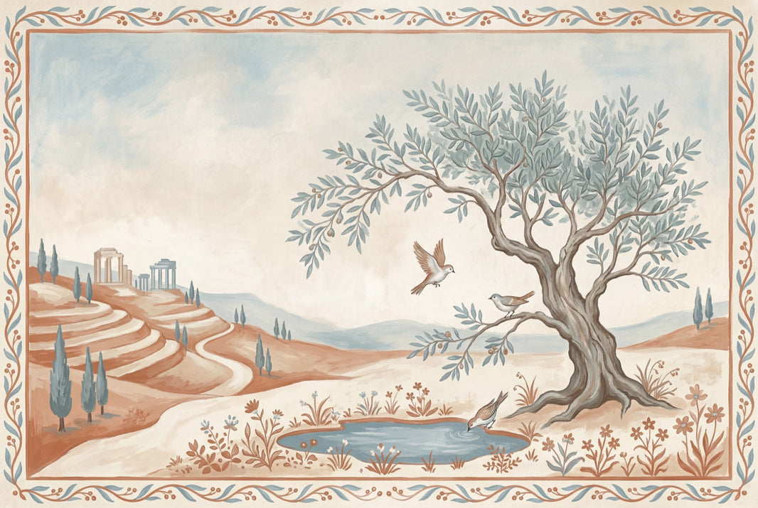 Mediterranean Landscape Wallpaper Tuscan Countryside Removable Olive Tree Wall Decor pattern artwork