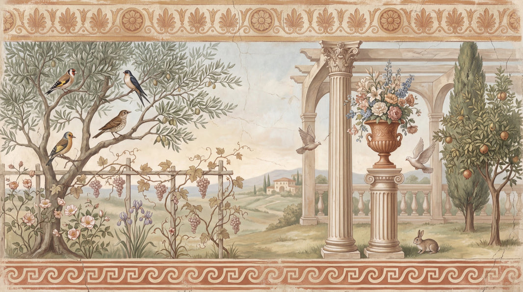 Mediterranean Landscape Wallpaper Classical Fresco Greek Key Border Removable Wall Decor pattern artwork