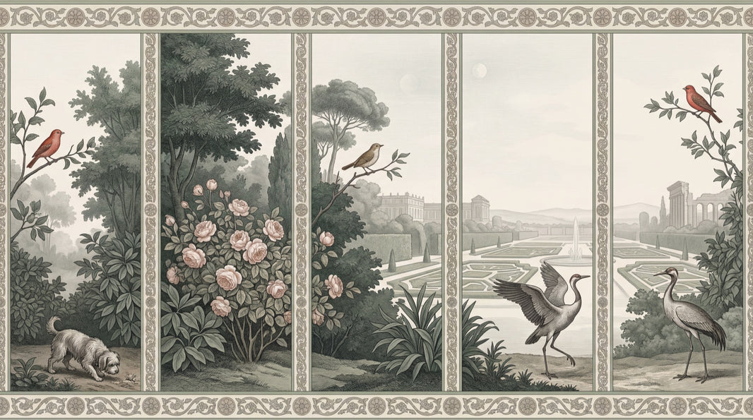 Vintage Garden Landscape Wallpaper Formal Parterre Birds And Cranes Removable Wall Decor pattern artwork