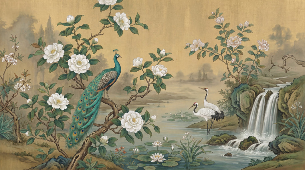 Peacock Wallpaper Cranes Waterfall Wall Mural pattern artwork