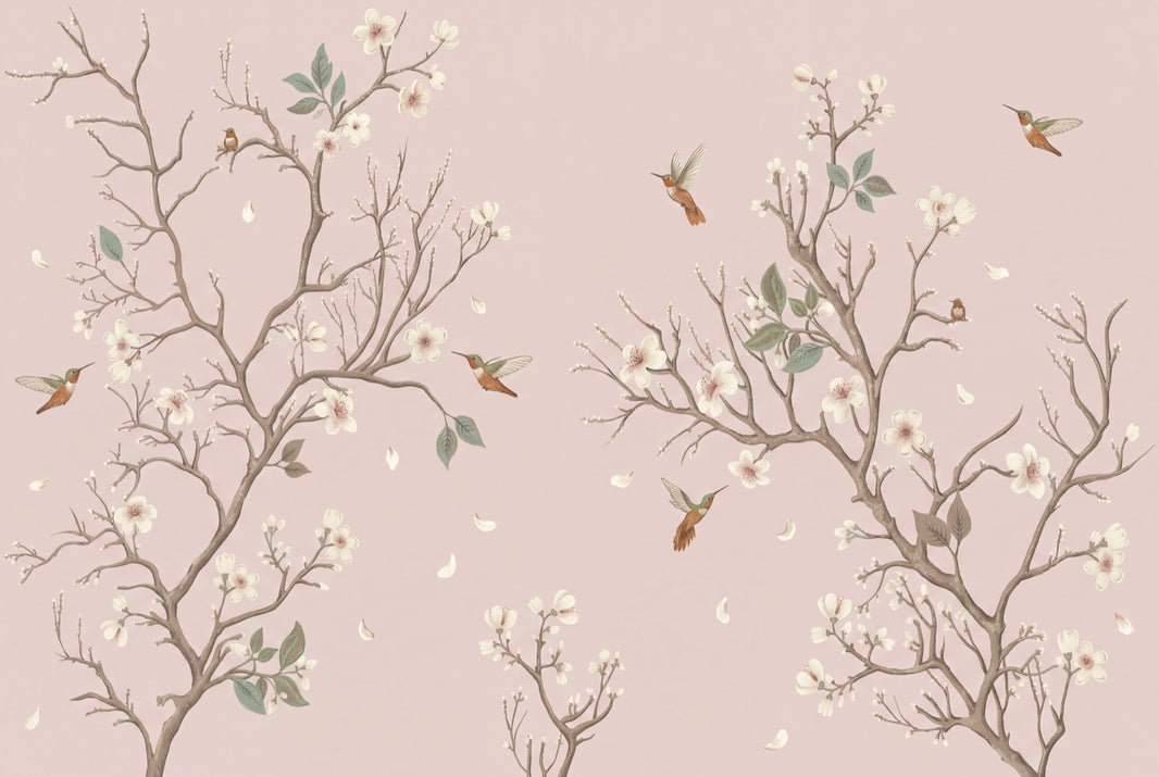 Floral Branches Wallpaper Cherry Blossoms Hummingbirds Removable Wall Decor pattern artwork