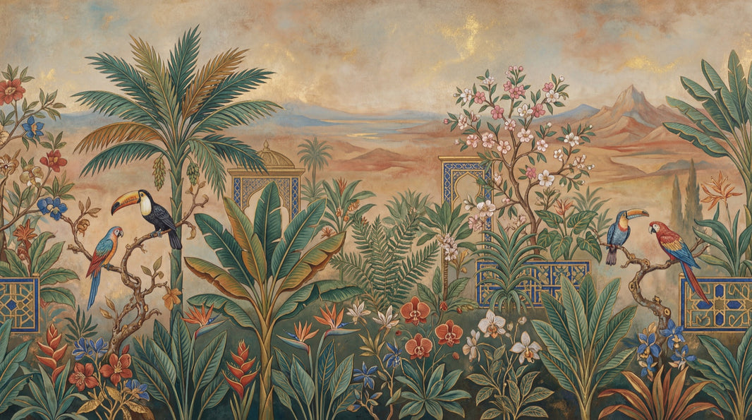 Tropical Birds Wallpaper Palm Trees Mountain Wall Mural pattern artwork