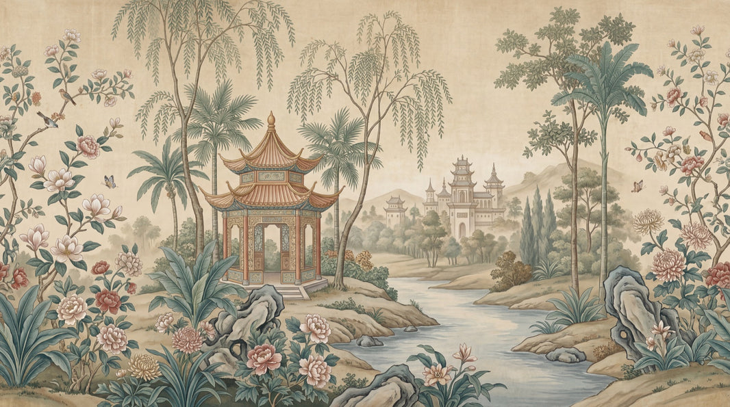 Muted Green Wallpaper Chinoiserie Pagoda Wall Mural pattern artwork