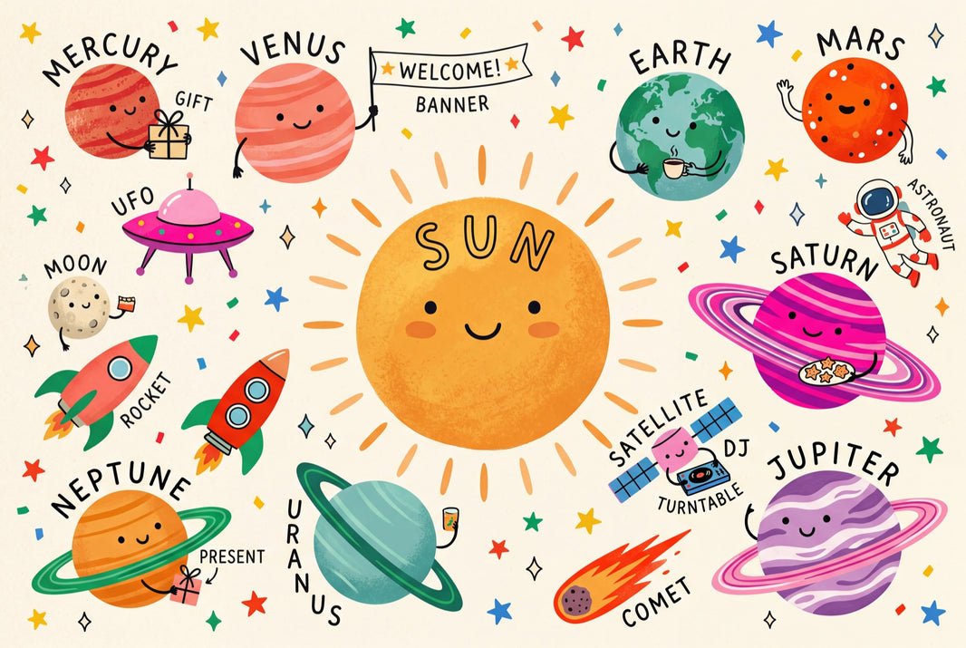 Solar System Wallpaper Space Cute Cartoon Wall Mural pattern artwork