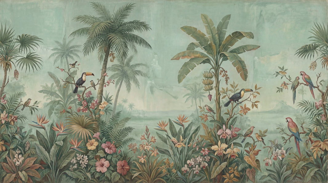 Tropical Birds Wallpaper Muted Green Removable Wall Decor pattern artwork