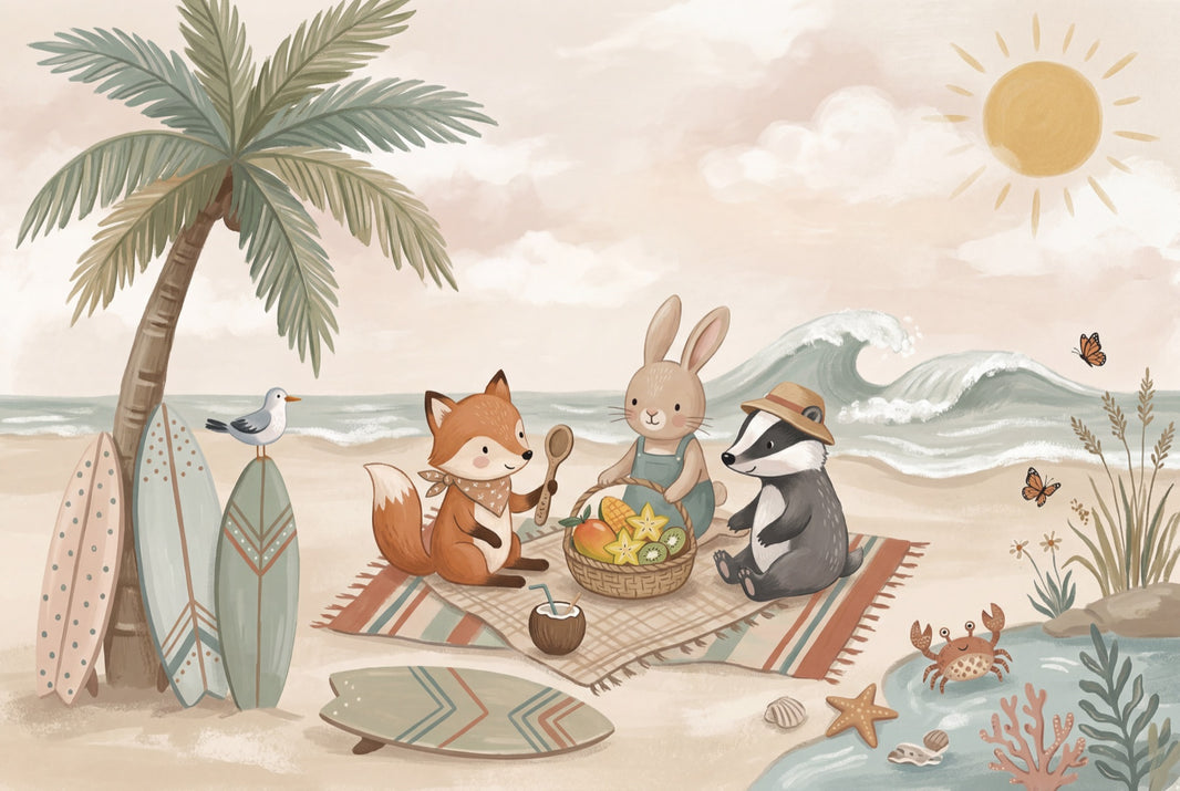 Beach Picnic Wallpaper Cute Animals Removable Coastal Wall Decor pattern artwork