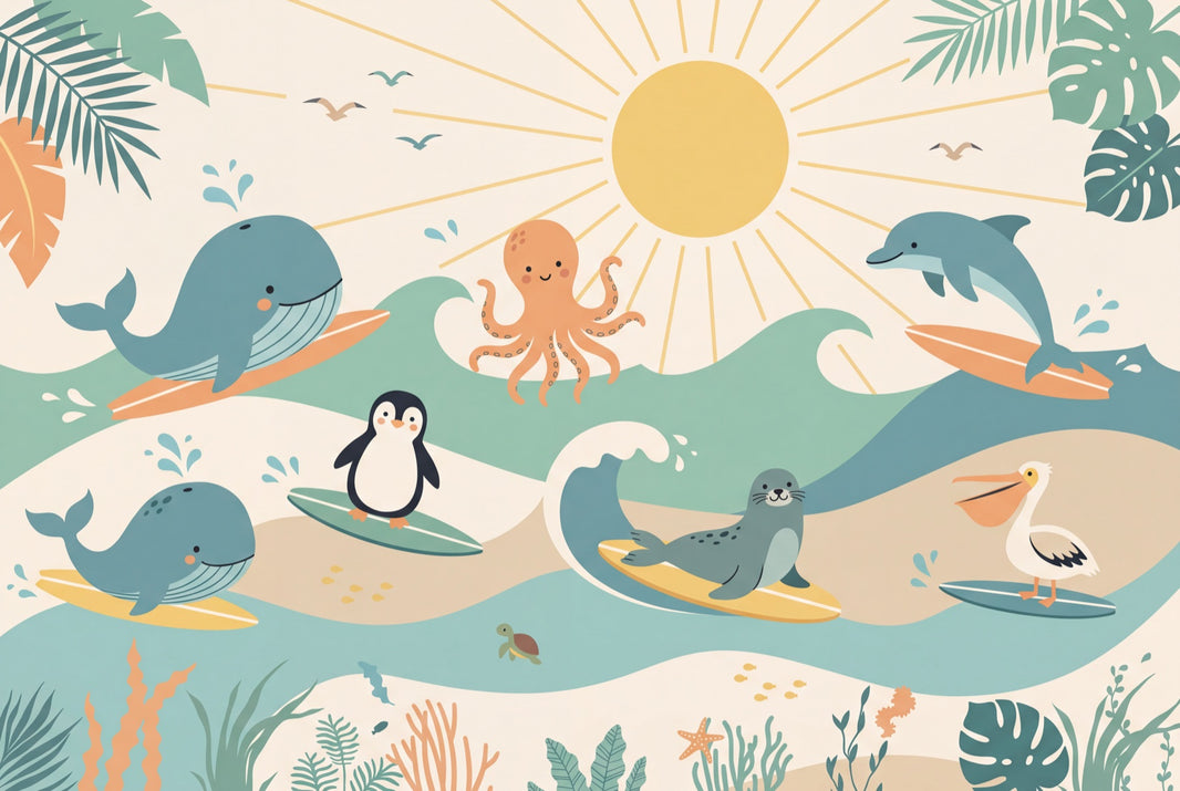 White Background Wallpaper Ocean Animals Pastel Removable Wall Decor pattern artwork
