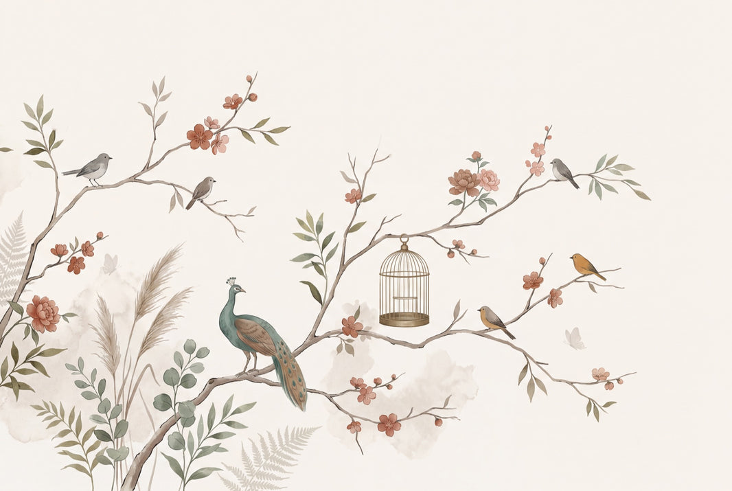 Oriental Inspired Wallpaper Floral Branches Watercolor Removable Wall Decor pattern artwork
