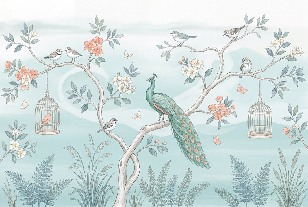 Peacock Wallpaper Birds On Branches Removable Blossoms Wall Decor pattern artwork